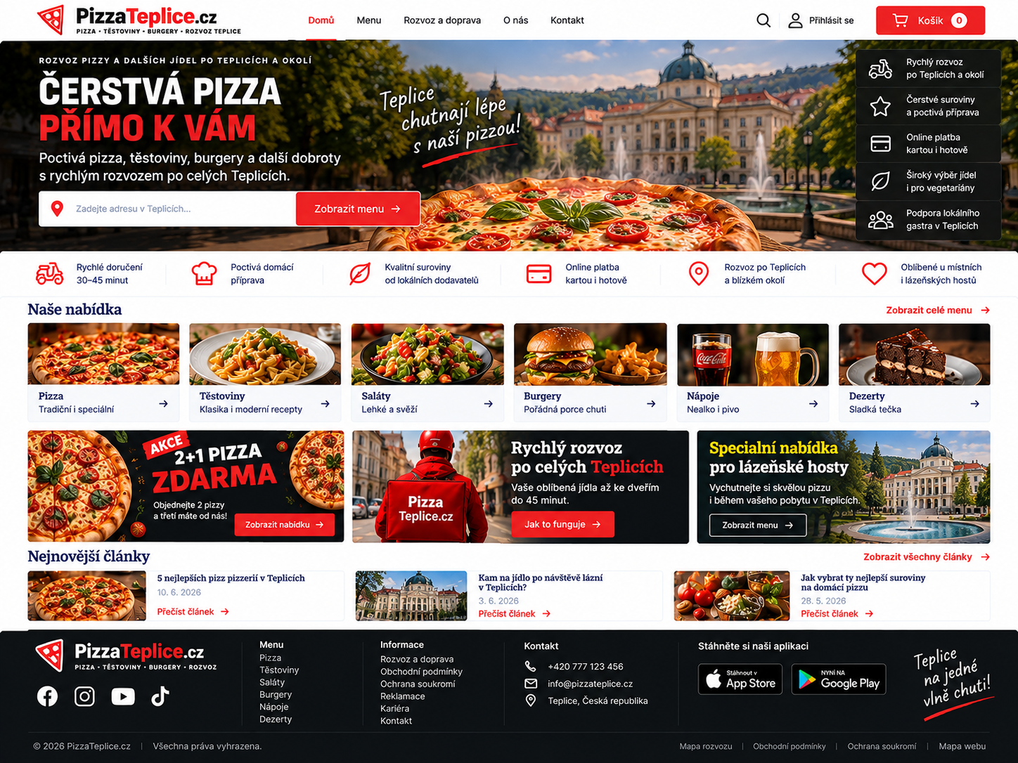 Ilustrační návrh webu PizzaTeplice.cz v teplé červené, zelené a krémové paletě